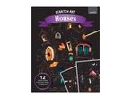 Scratch art set featuring a whimsical house design, with 12 sheets, instructions, and a pen.