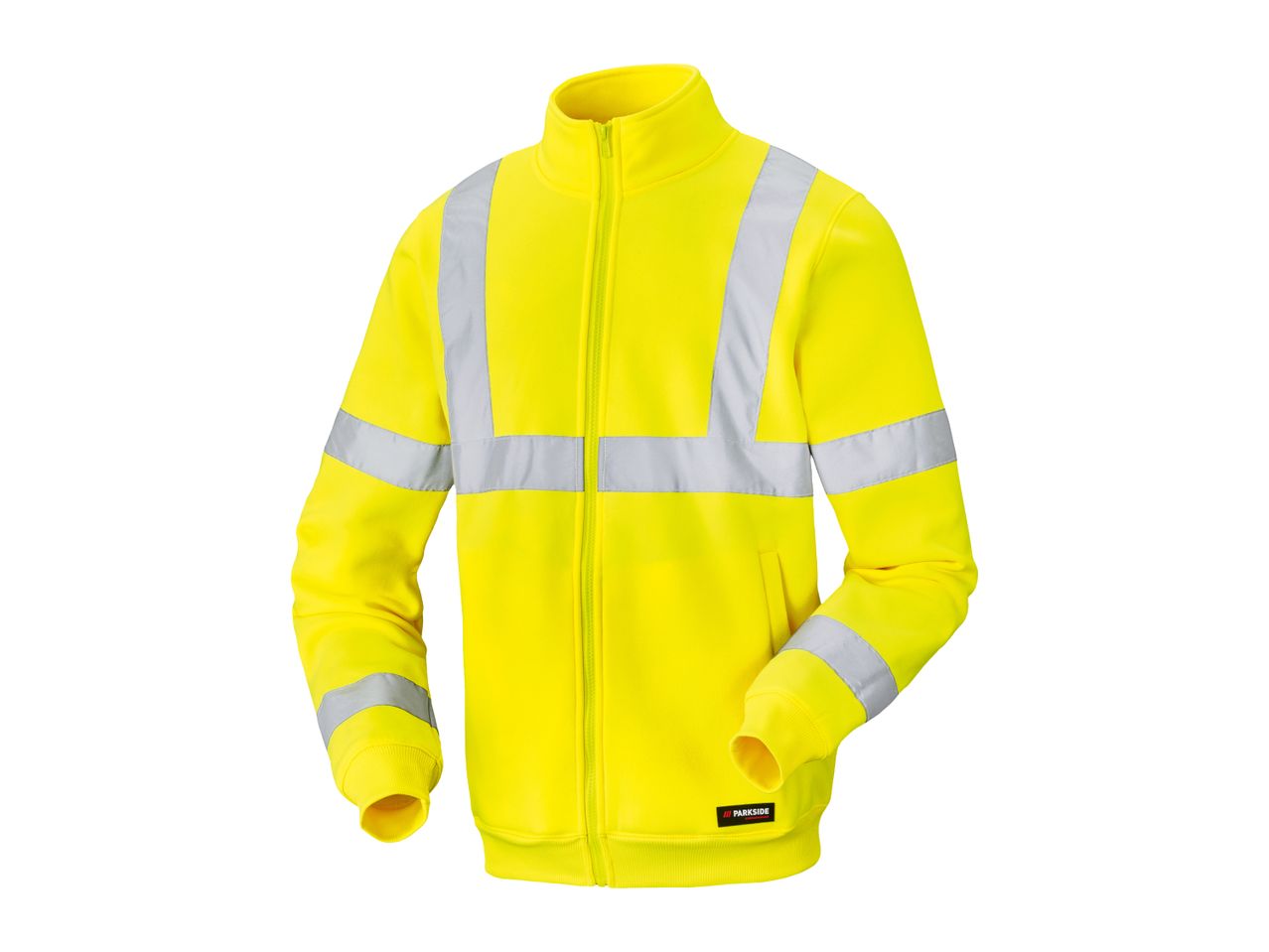 Yellow high-visibility work jacket with reflective stripes and a zipper.