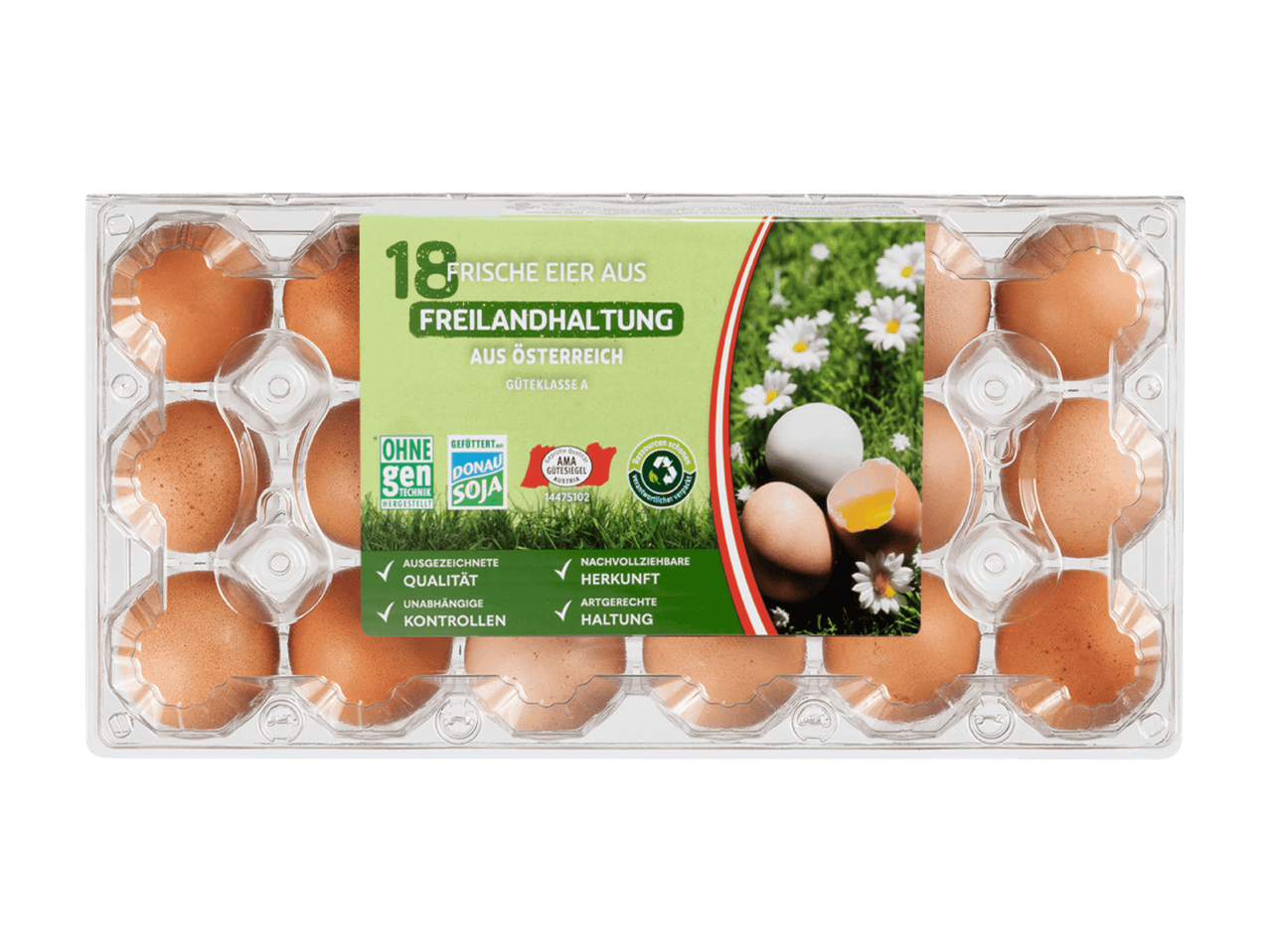 18 frische Eier aus Freilandhaltung aus Österreich, Güteklasse A, in transparenter Verpackung.