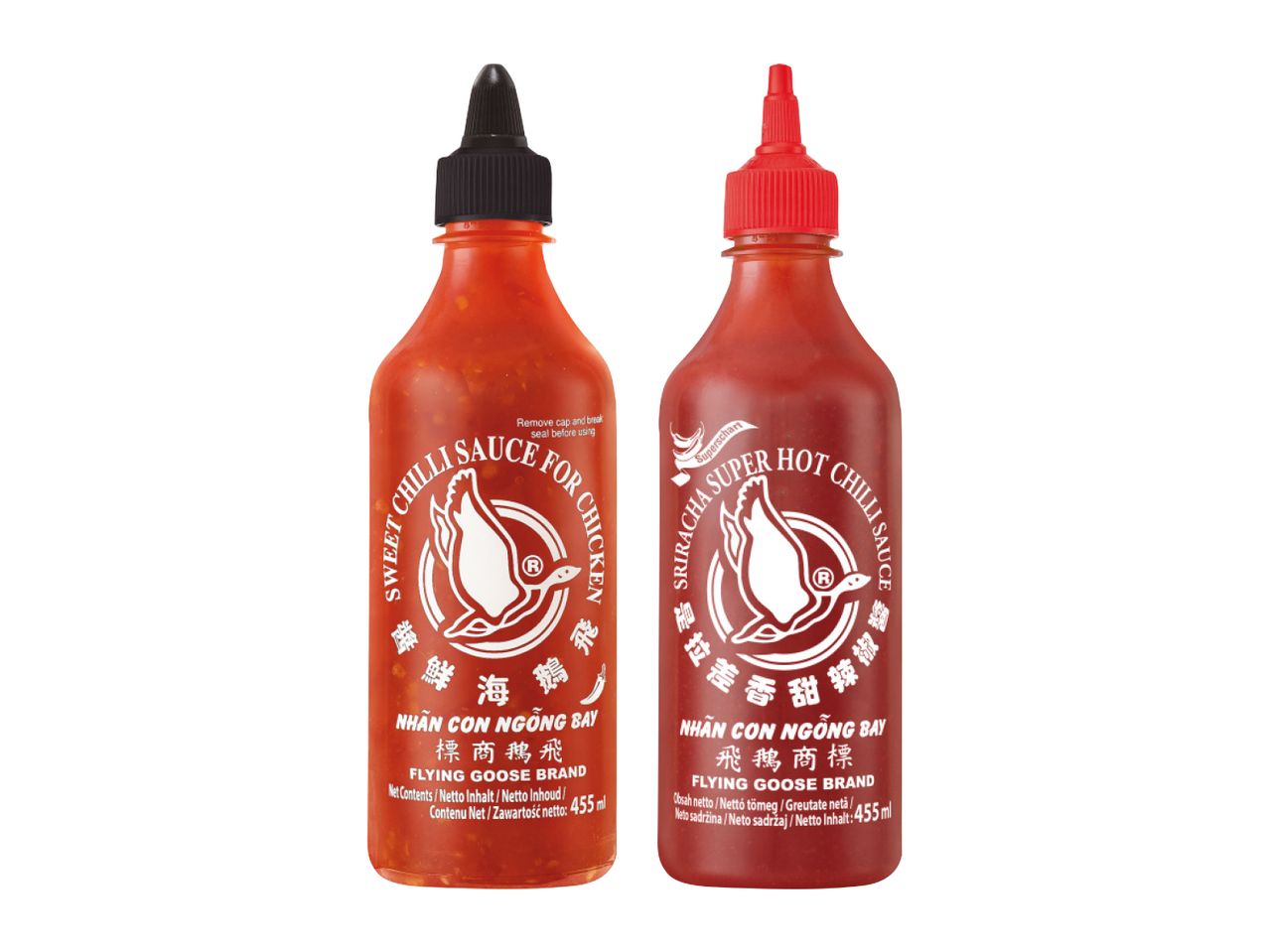 Dve boce ljute salse Flying Goose Brand: slatka čili salsa za piletinu i super ljuti sriracha sos.