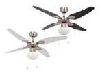 Dva stropna ventilatorja z lučjo, en v črni in en v beli barvi.