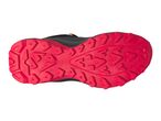 Red textured sole of a black hiking shoe