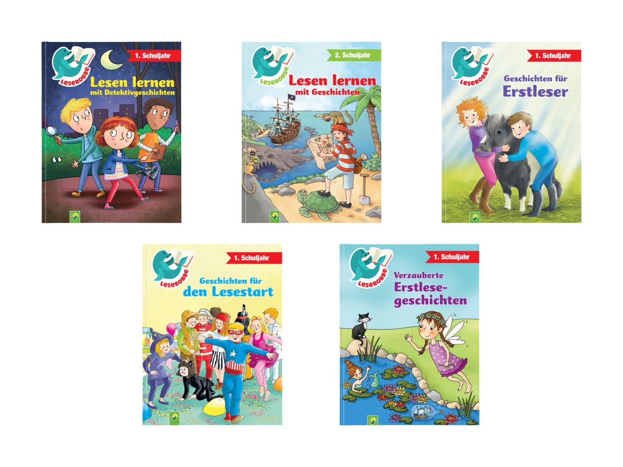Fünf illustrierte Kinderbücher, vermutlich eine Reihe.