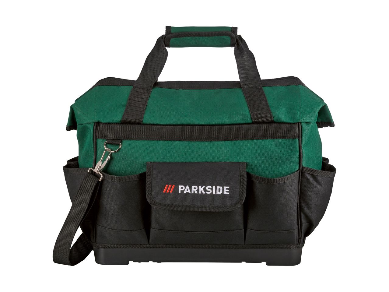 Green and black tool bag with multiple pockets and a shoulder strap.