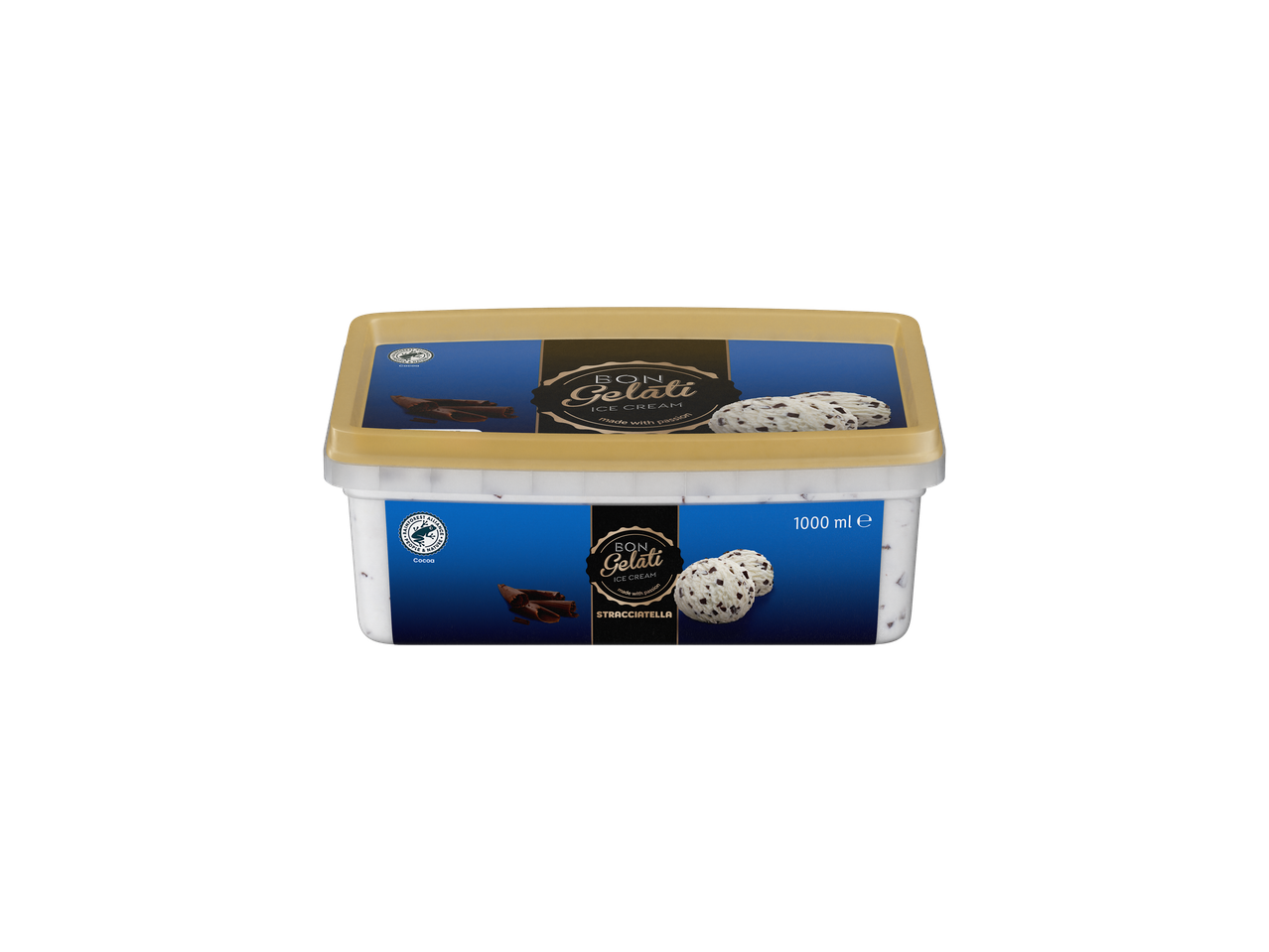 Sorvete Bon Gelati Stracciatella em um pote de 1000ml.