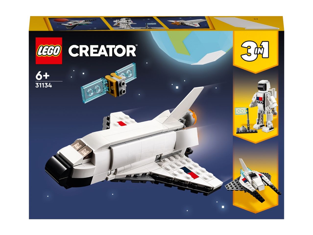 LEGO Creator 3-in-1 Space Shuttle with satellite, astronaut, and smaller spaceship models.