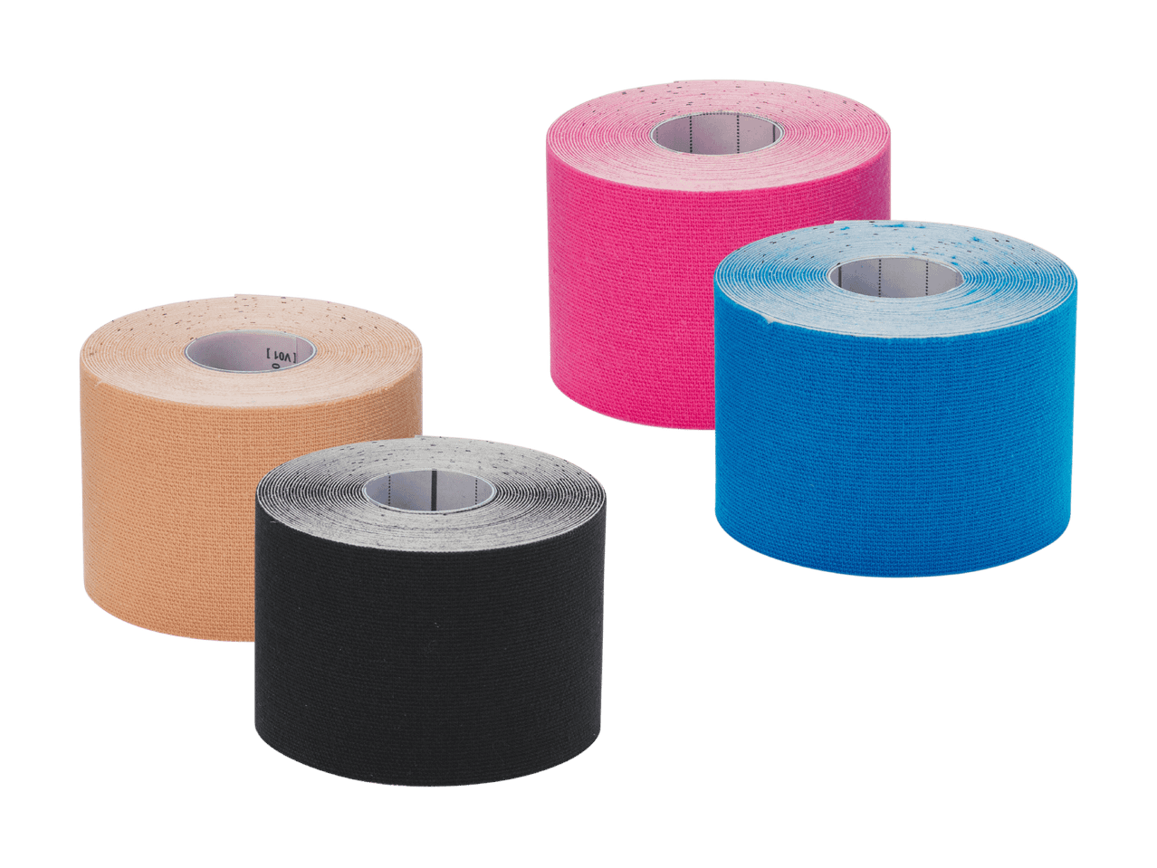Vier Rollen Kinesiologie-Tape in Pink, Blau, Beige und Schwarz auf schwarzem Hintergrund.