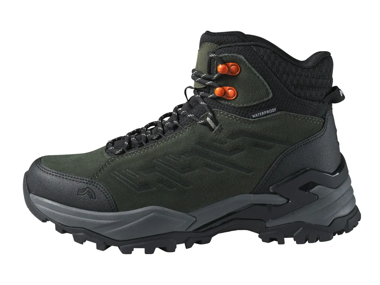 Dark green waterproof hiking boot with orange eyelets and black sole