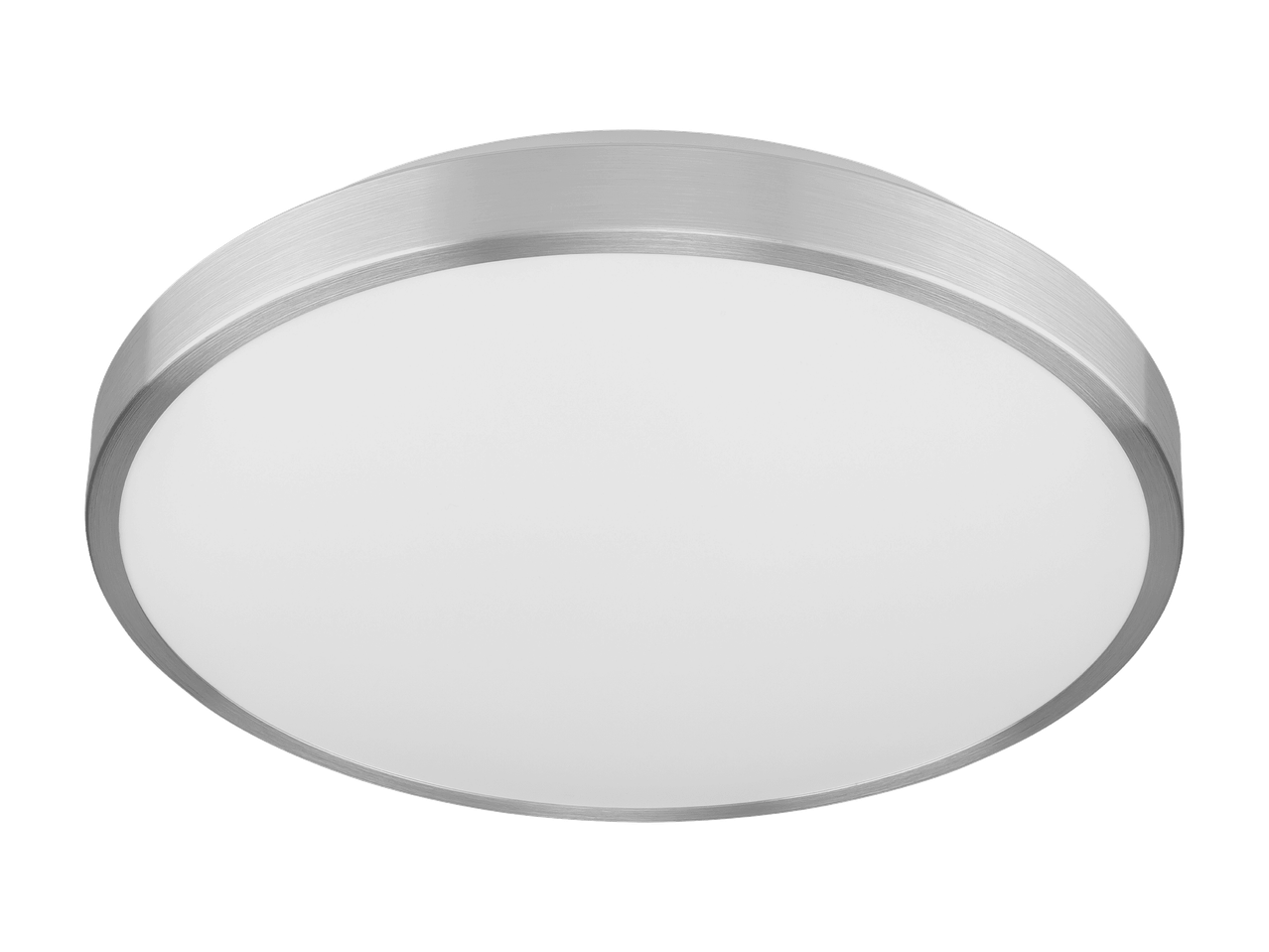 Pyöreä, harjattu metallinen LED-kattovalaisin valkoisella diffuusorilla.
