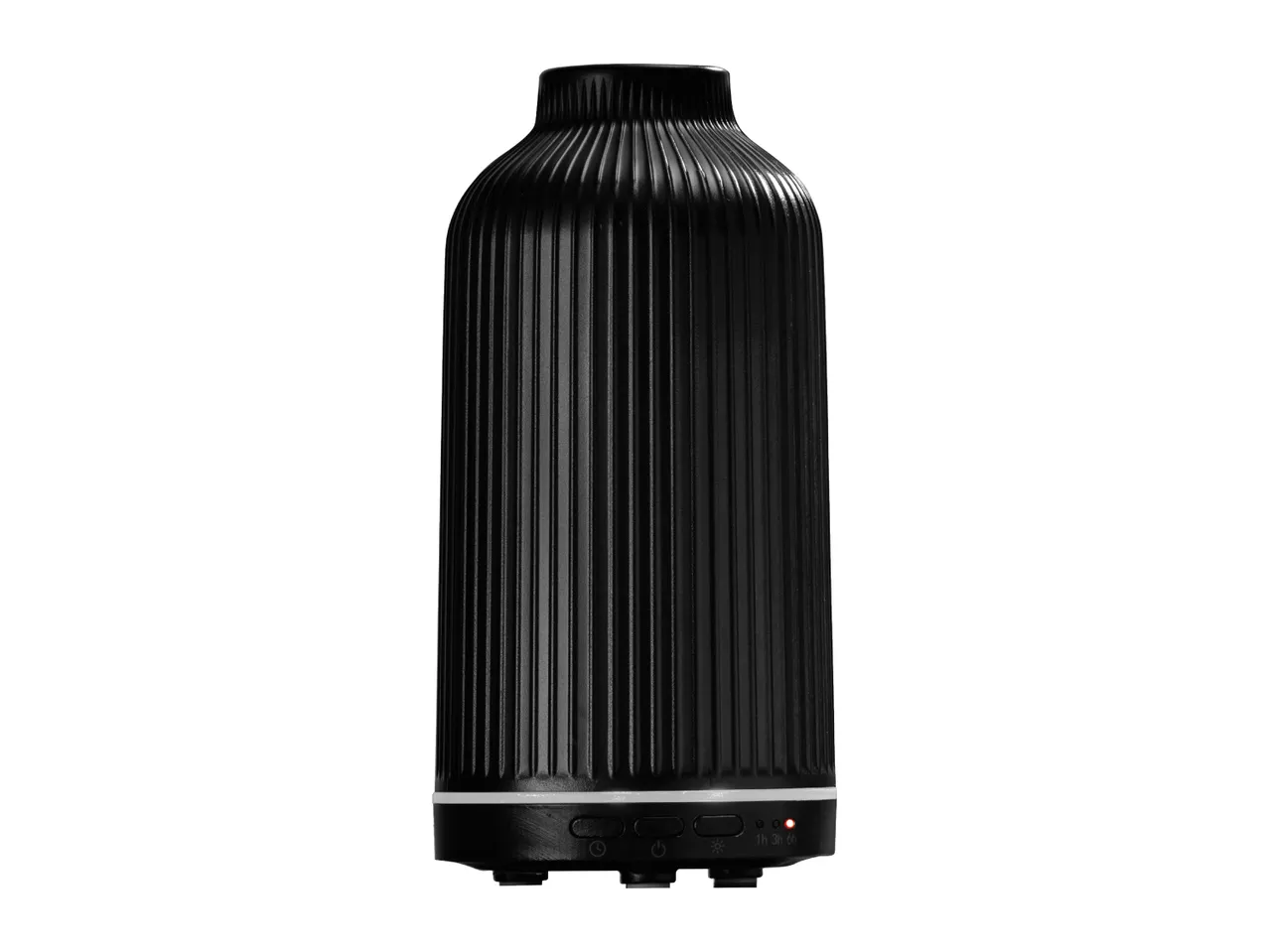 Black ribbed ceramic aroma diffuser with timer buttons on a white background