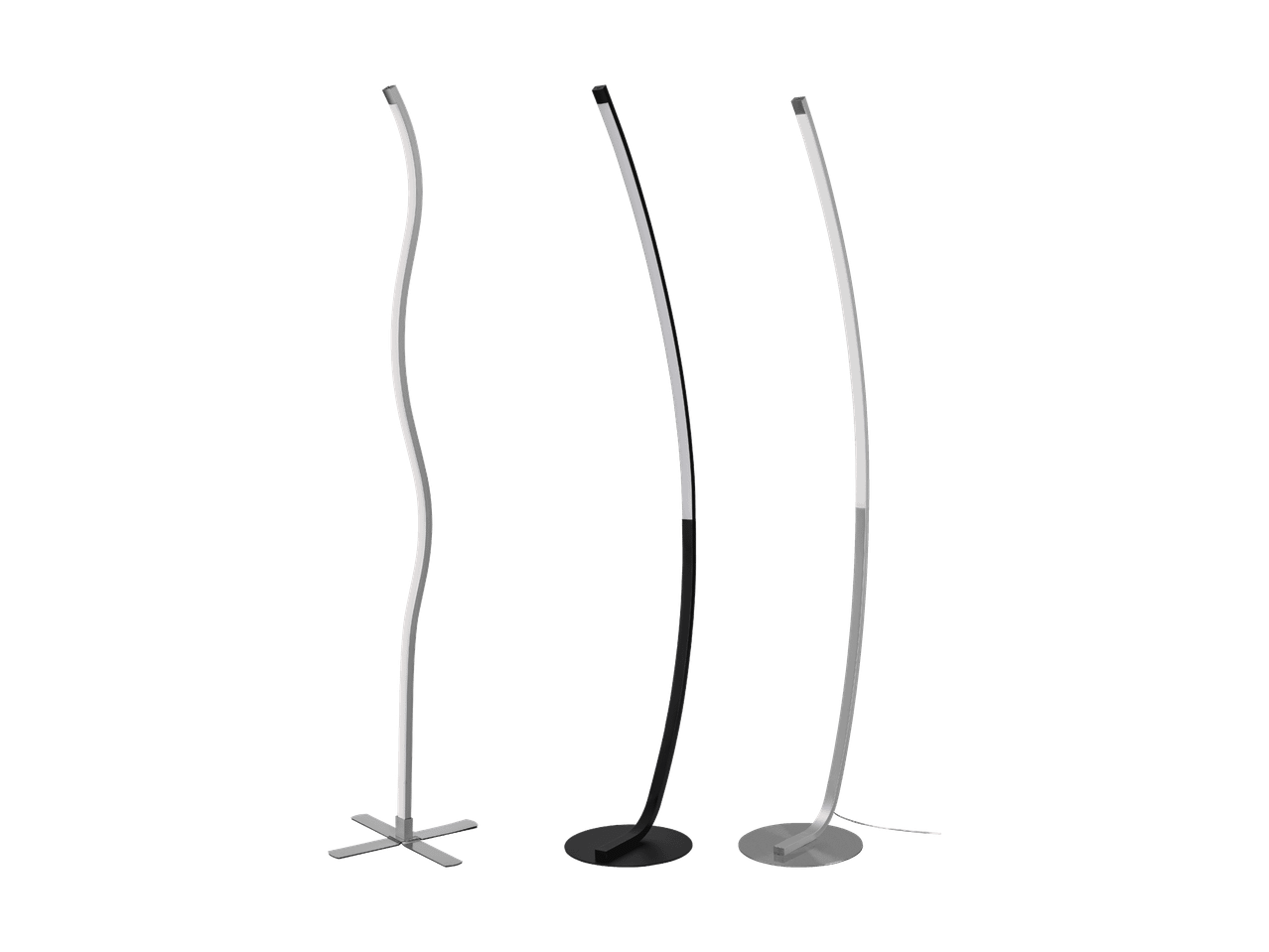Drei moderne LED-Stehlampen in geschwungenem Design auf schwarzem Hintergrund.