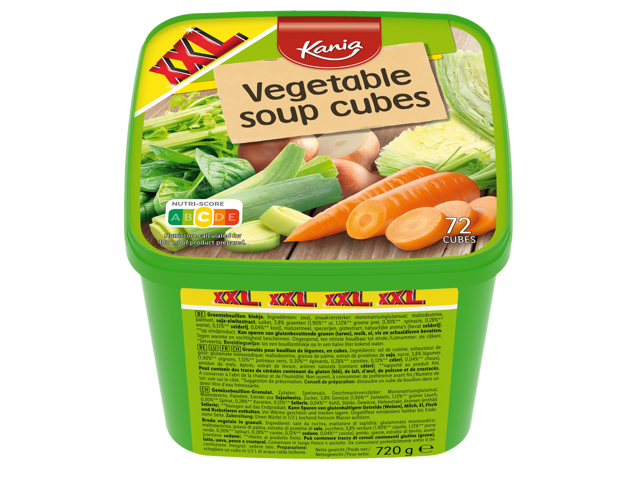 Cubés de soupe aux légumes Kania XXL : 72 cubes dans un contenant vert.