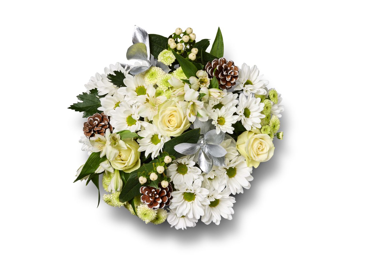 A festive bouquet with white chrysanthemums, roses, pinecones, and silver accents.