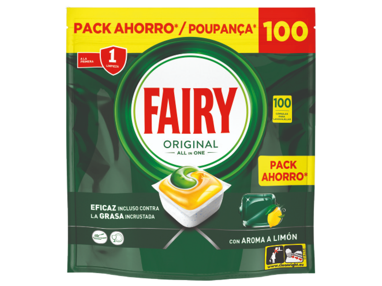 Embalagem de detergente para máquina de lavar loiça com 100 cápsulas, aroma a limão.