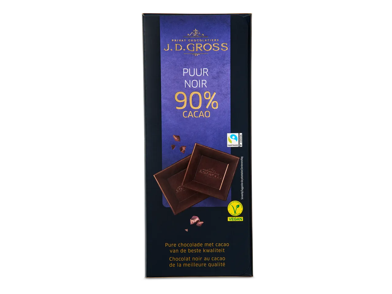Een reep pure chocolade met 90% cacao in een donkerblauwe verpakking.