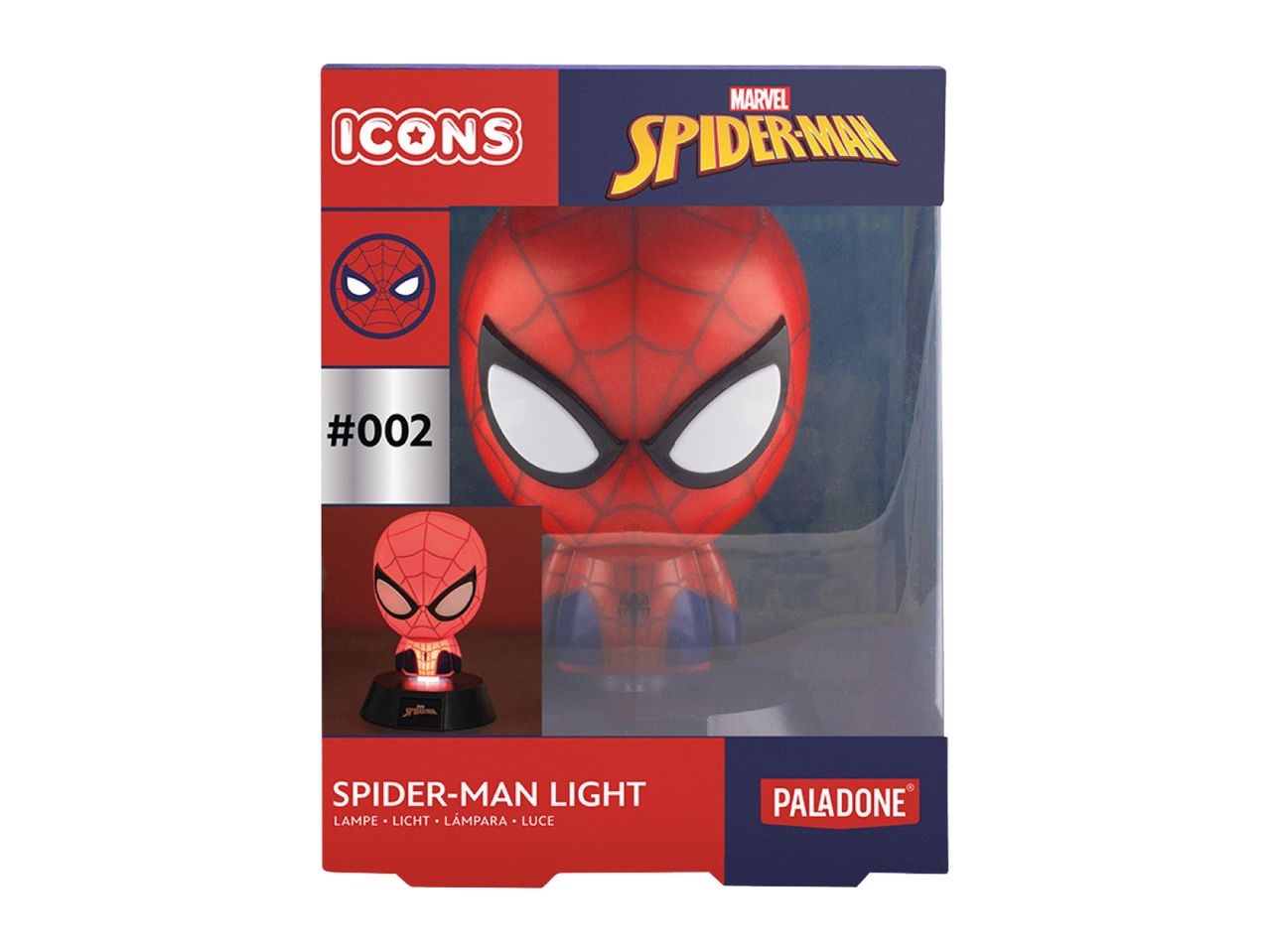 Spider-Man light in packaging, showing the character's head and a smaller lit version.