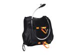 Black hydration vest with orange straps and a clear drinking tube with a black mouthpiece.