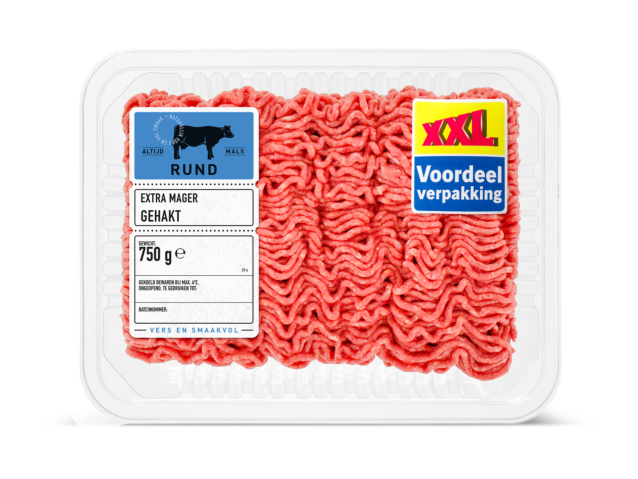 Verpakking met 750 gram extra mager rundergehakt, met een XXL voordeelverpakking label.