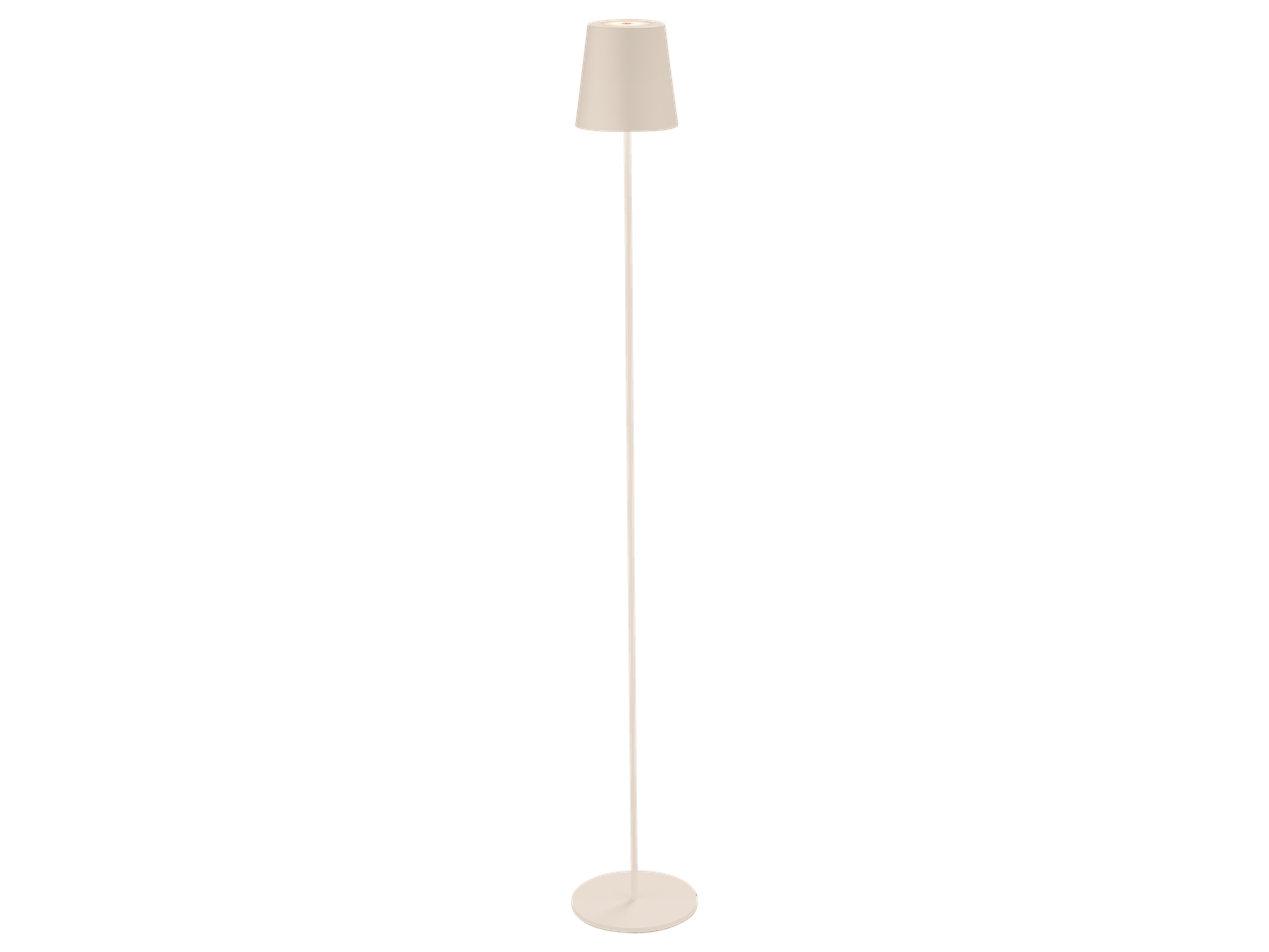 Lange, beige staande lamp met een cilindrische kap.