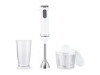 White hand blender set with a measuring beaker and a chopper attachment