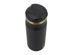 Black travel mug with a gold band and a black lid