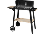 Black garden grill with wooden shelves.