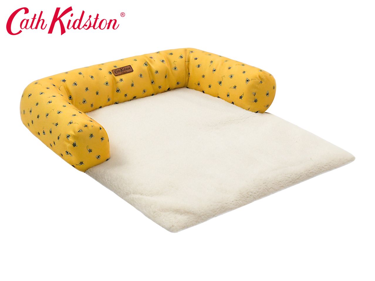 Cath Kidston yellow pet bed with bee print and cream fleece lining