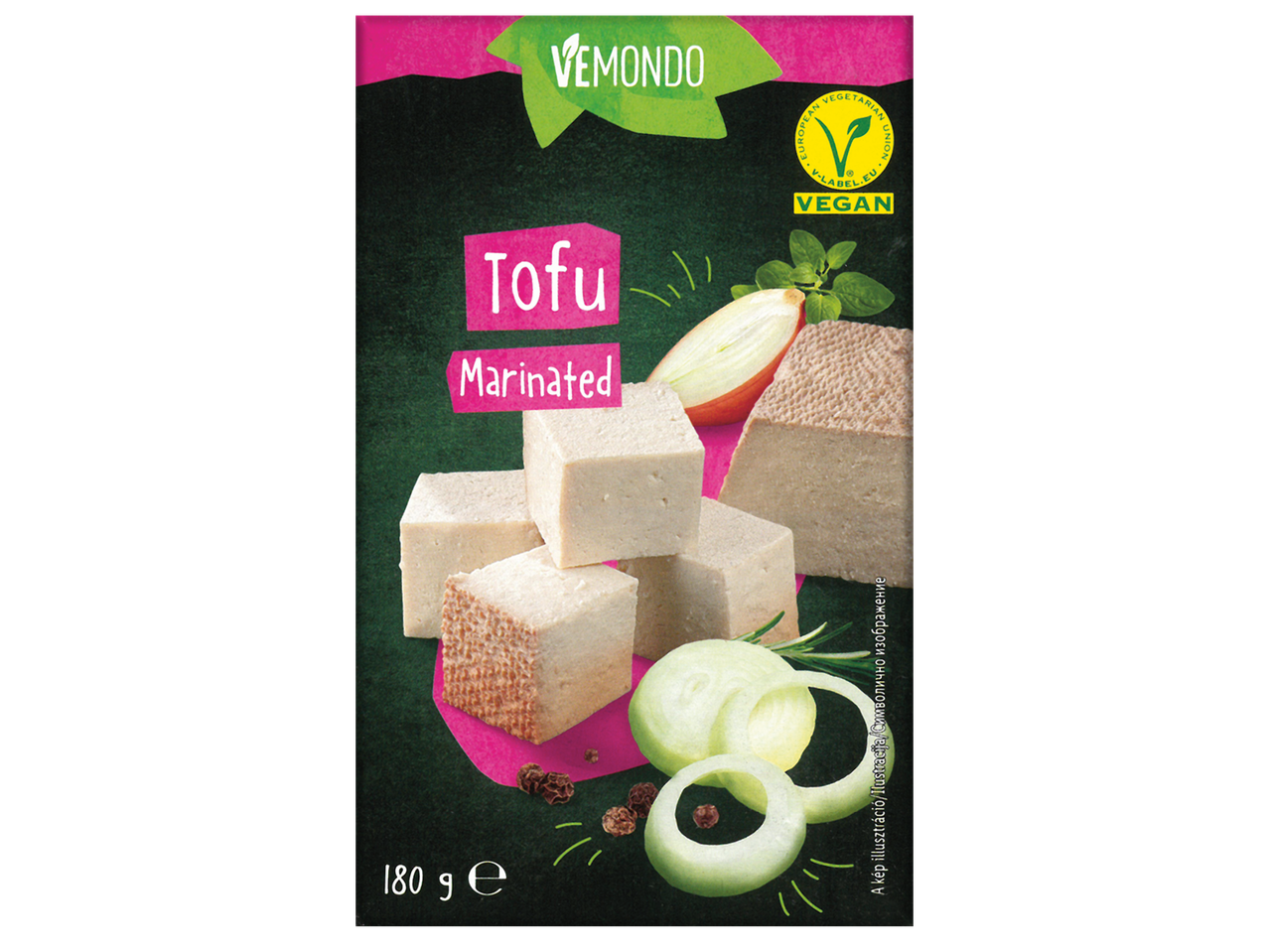 Опаковка за мариновано тофу с надпис „Tofu Marinated“, 180 g, и веган етикет.