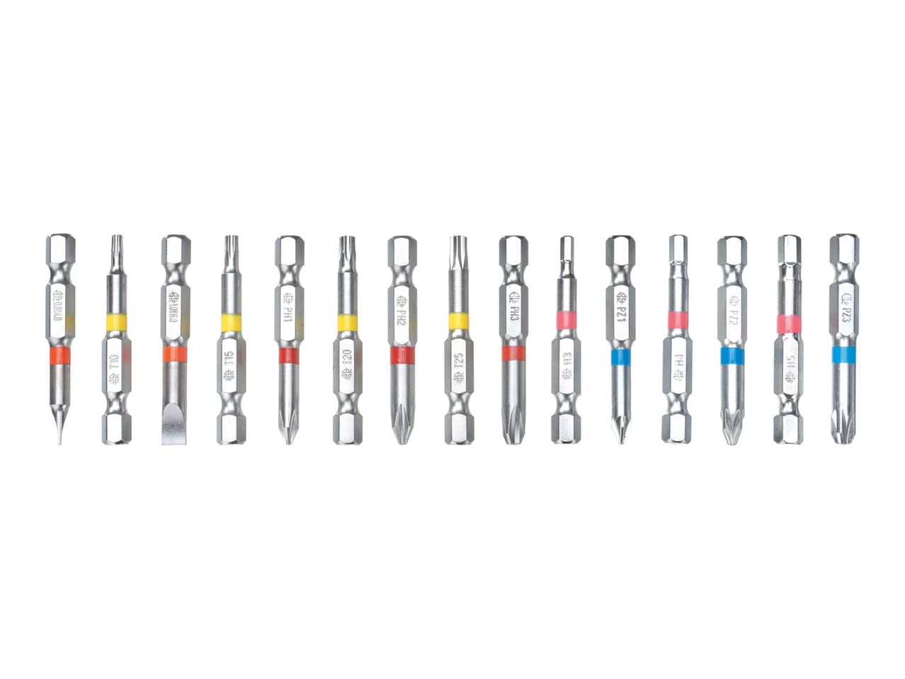 A set of various screwdriver bits, including Phillips, Torx, flathead, and hex, with colored bands.