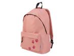 Sac à dos rose avec des empreintes de pattes fuchsia et un logo sur le côté.