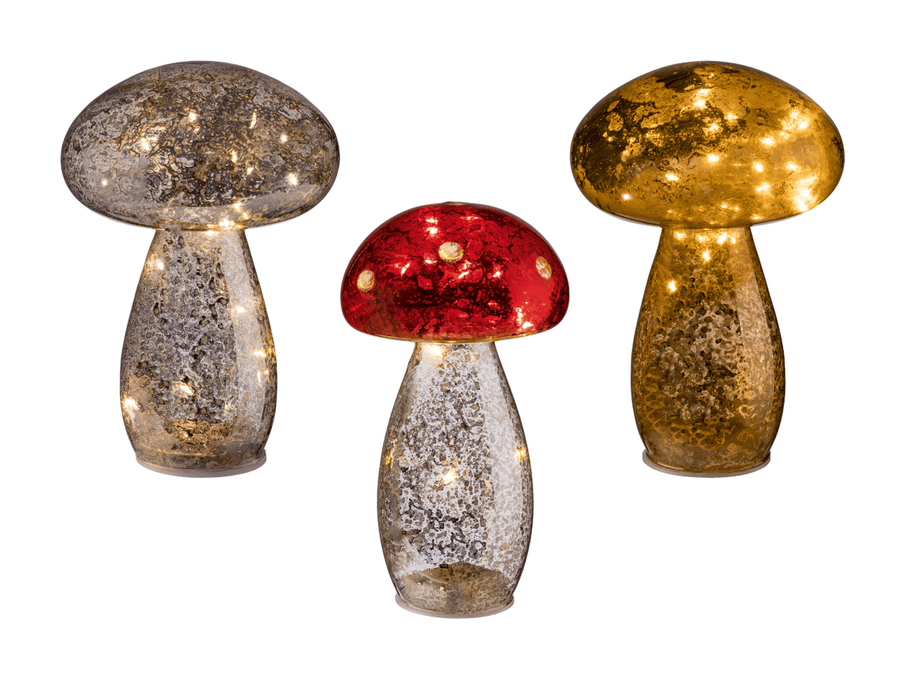 Trois champignons décoratifs lumineux en verre, un rouge, un doré et un argenté.