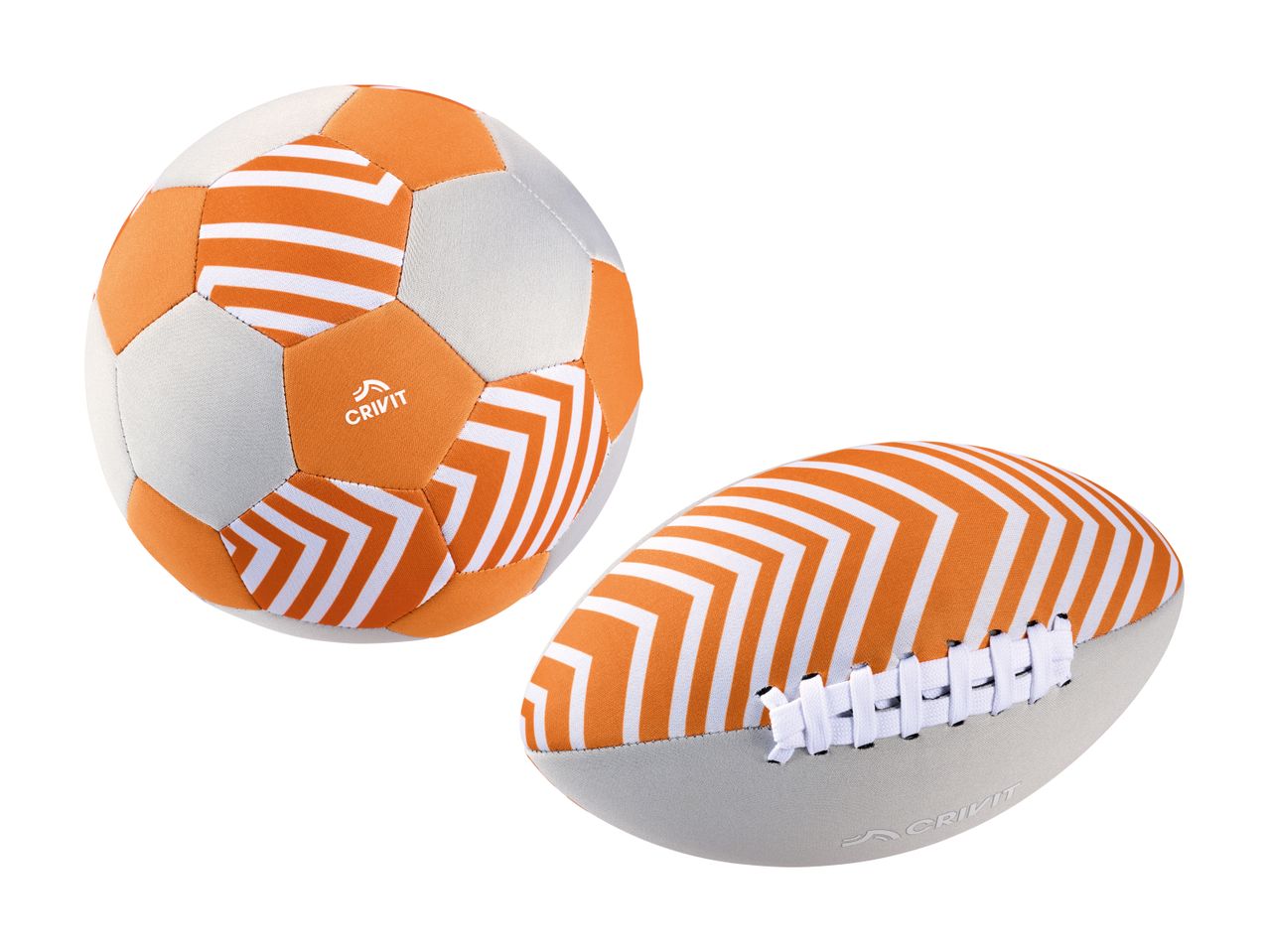 En orange og hvid fodbold og amerikansk fodbold med striber.