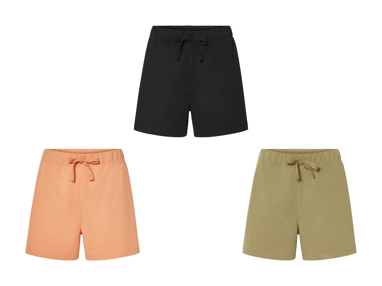 Drei Jogginghosen-Shorts in verschiedenen Farben: Schwarz, Pfirsich und Khaki.