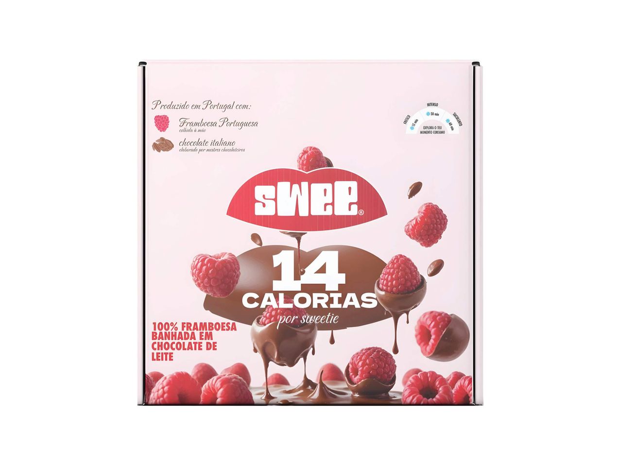 Caixa de bombons de framboesa e chocolate de leite, com 14 calorias por unidade.