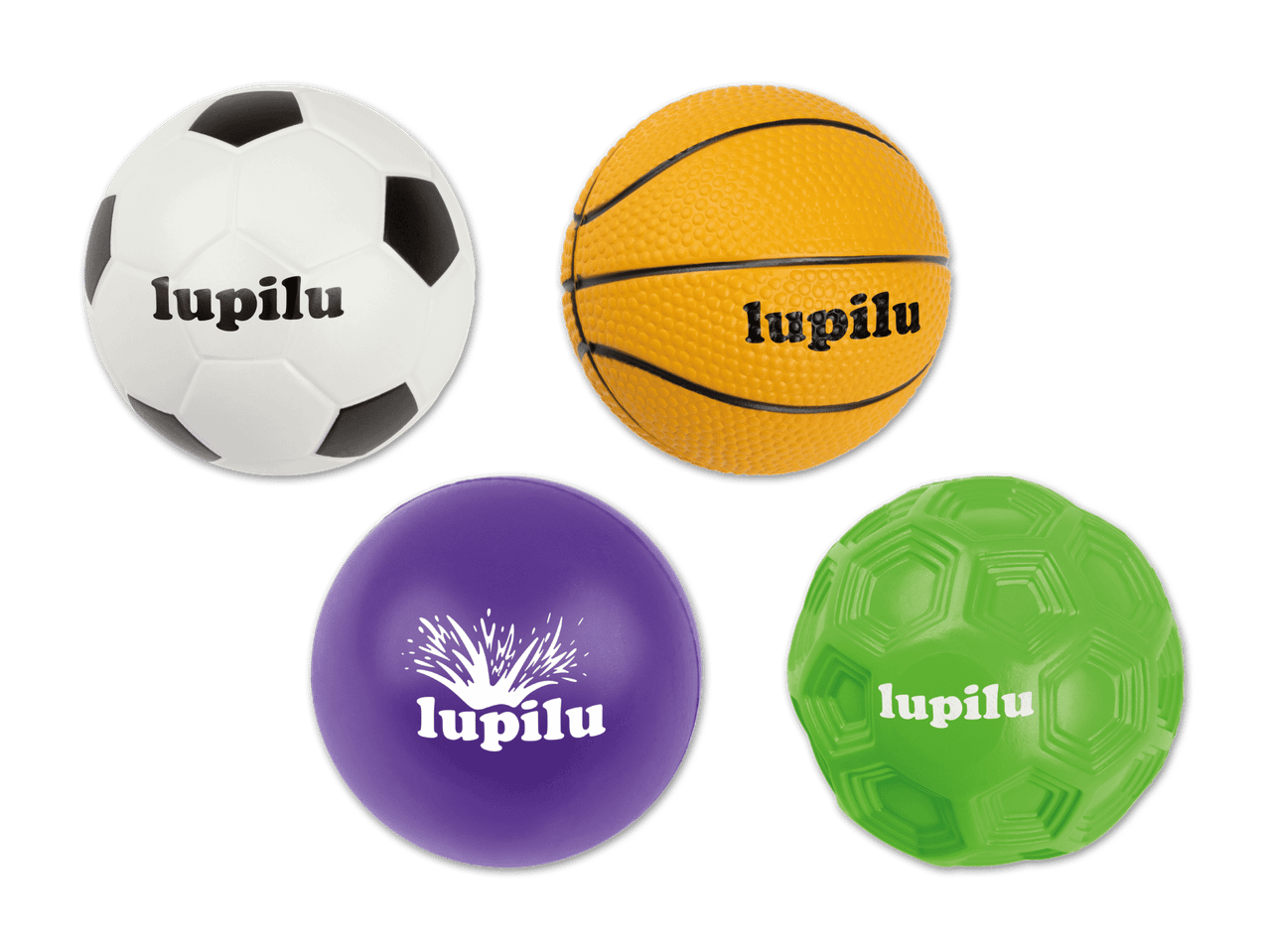 Vier Spielbälle in verschiedenen Farben und Sportarten: Fußball, Basketball, lila Ball mit Muster und grüner Ball.
