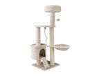 Beige cat tree with multiple platforms, scratching posts, and a hanging toy.