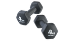 Two black Crivit dumbbells, each weighing 4 kg, on a black background.