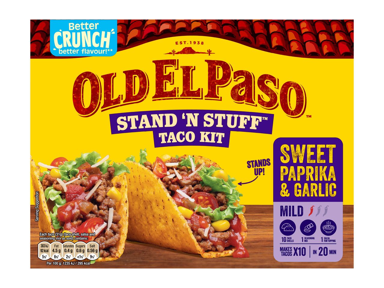 Taco kit with sweet paprika and garlic flavor, featuring stand-up tacos and nutritional information.