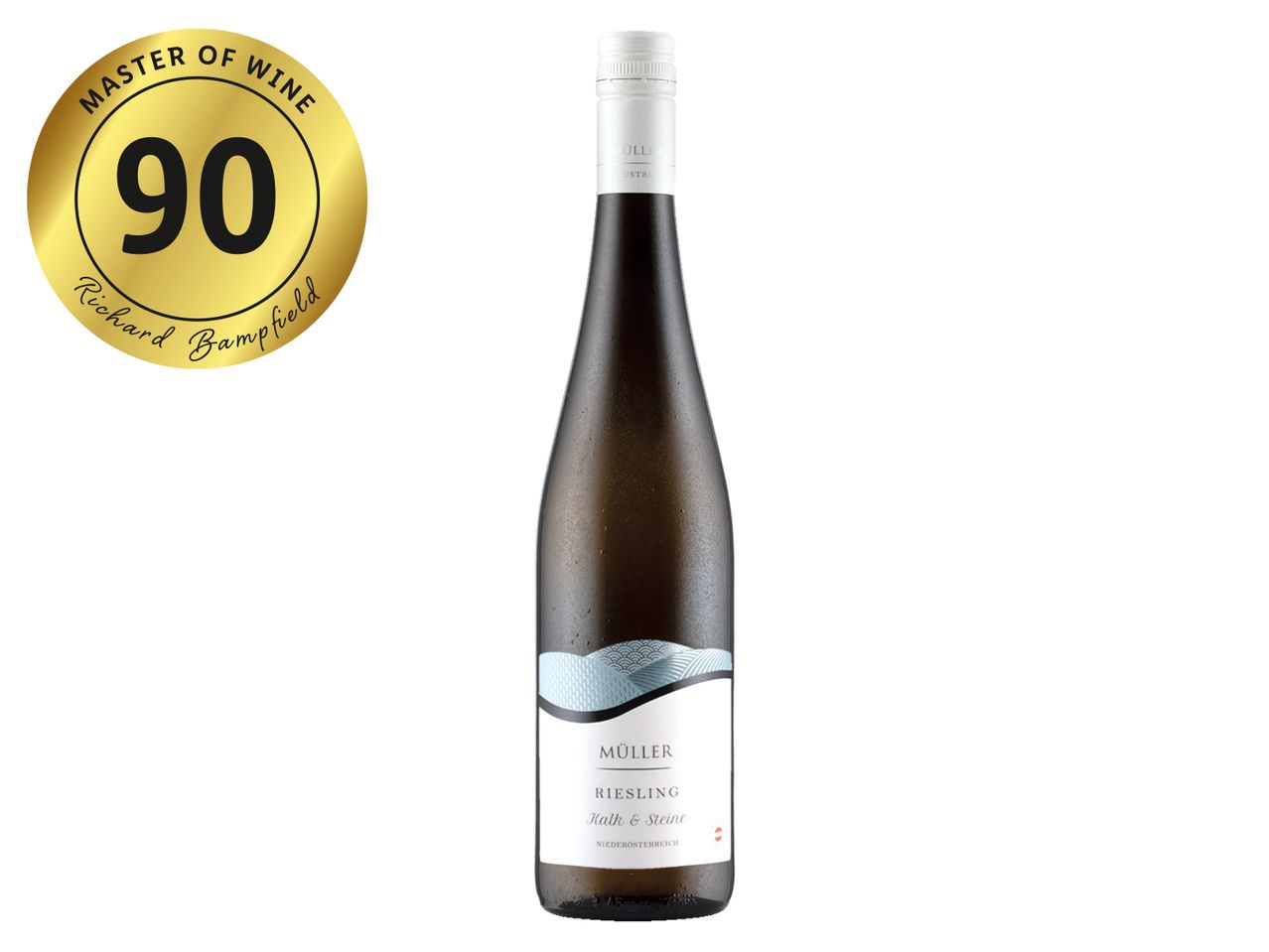 Müller Riesling Kalk & Steine wine bottle with a 90-point Master of Wine rating.