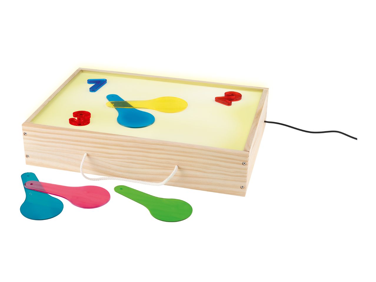 Wooden light box with colorful translucent numbers and paddles, and a power cord