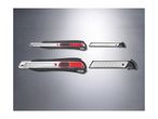 Two utility knives, one large and one small, with their respective blades displayed next to them.