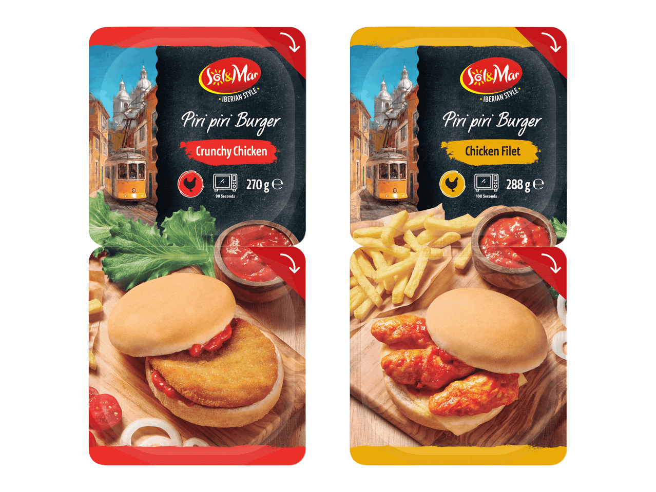 Kaksi piri piri -burgeria: toinen rapealla kanalla ja toinen kanafileellä, molemmat iberialaiseen tyyliin.