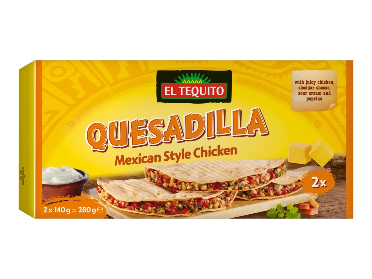 A box of two Mexican-style chicken quesadillas with cheddar cheese, sour cream, and paprika.
