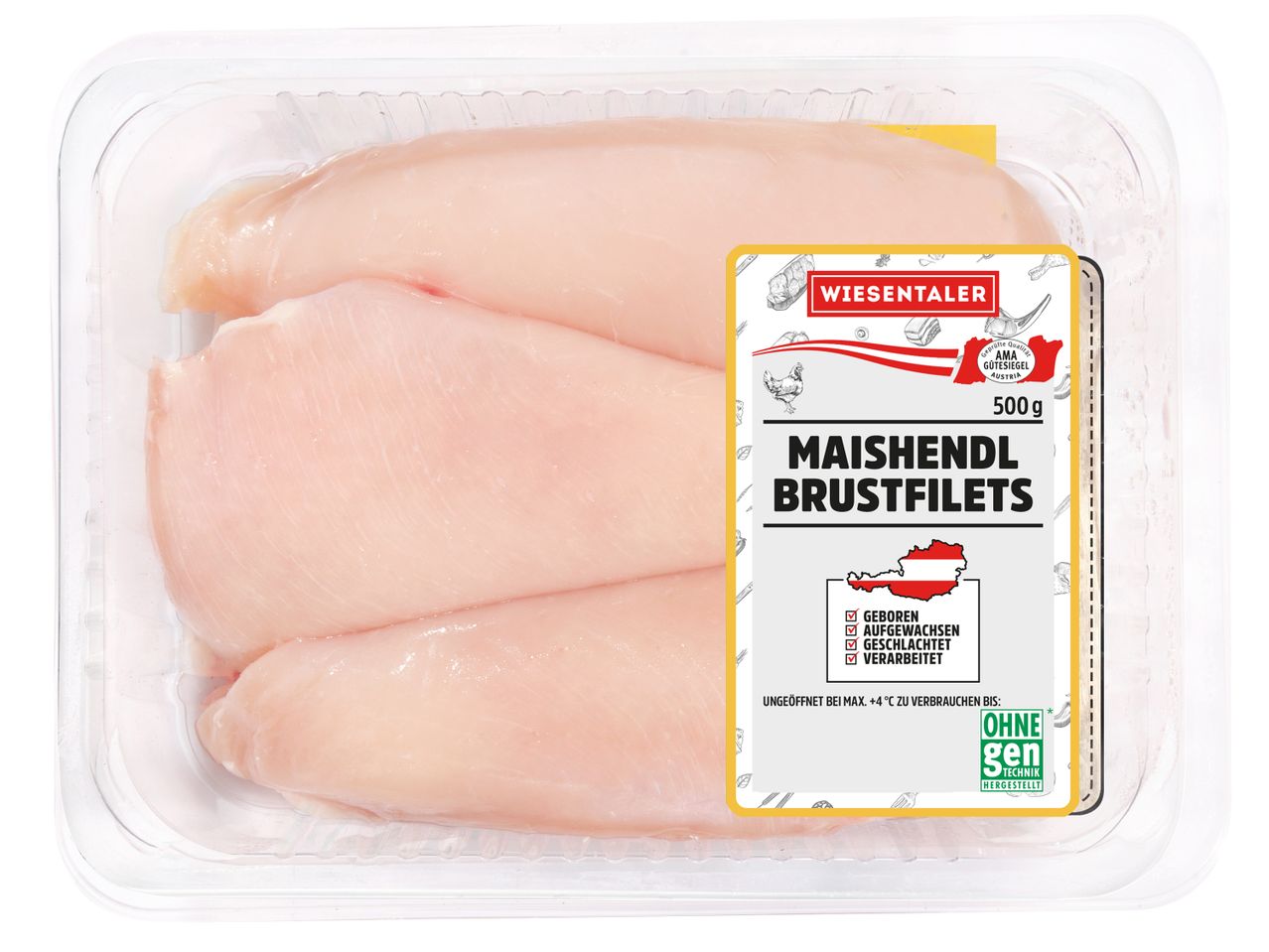 Verpackung mit Hähnchenbrustfilets der Marke Wiesentaler, 500g