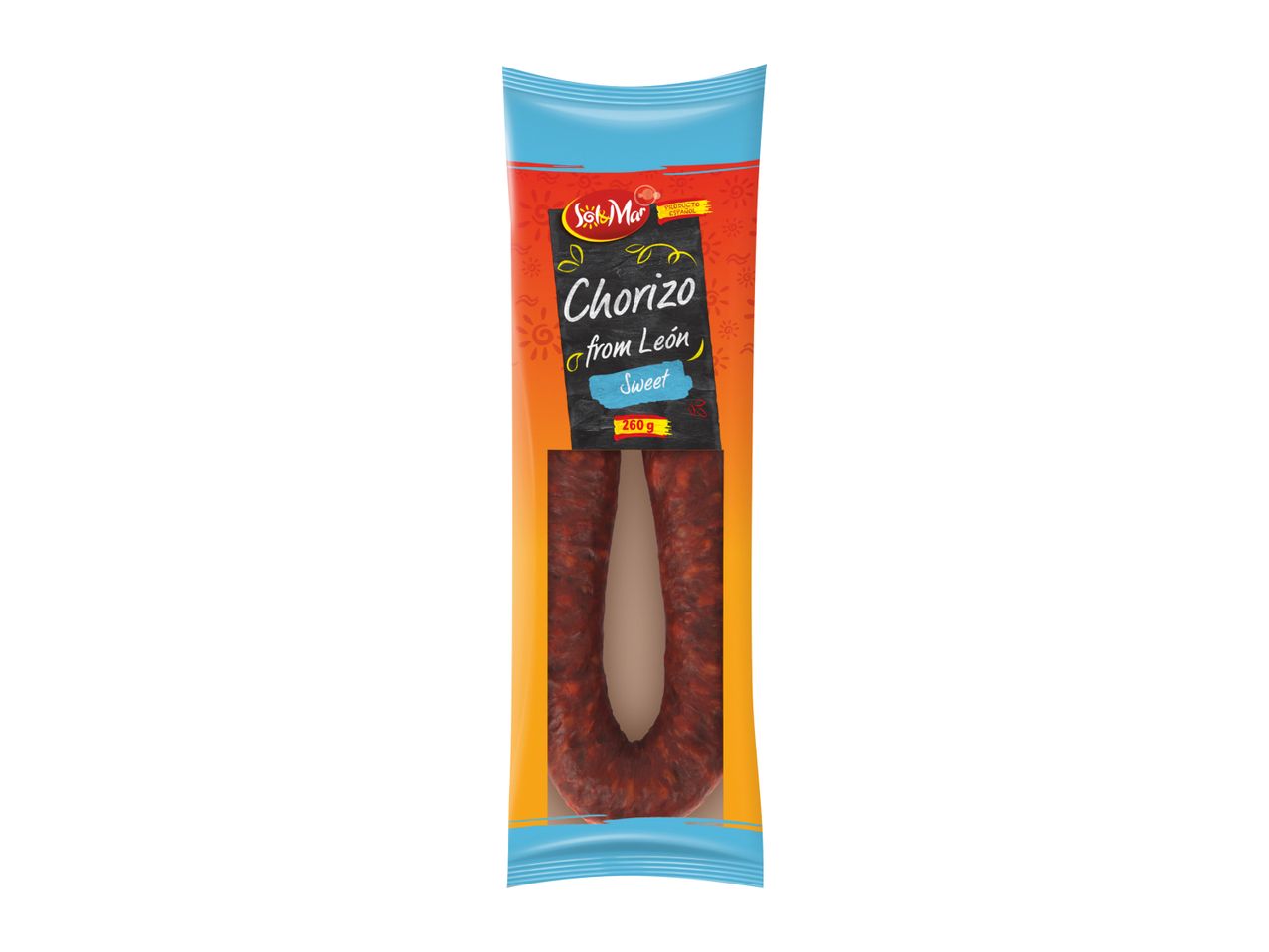Packaged sweet chorizo from León, 260g, with a clear window showing the sausage.