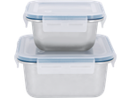 Two stacked stainless steel food containers with clear plastic lids and blue seals.