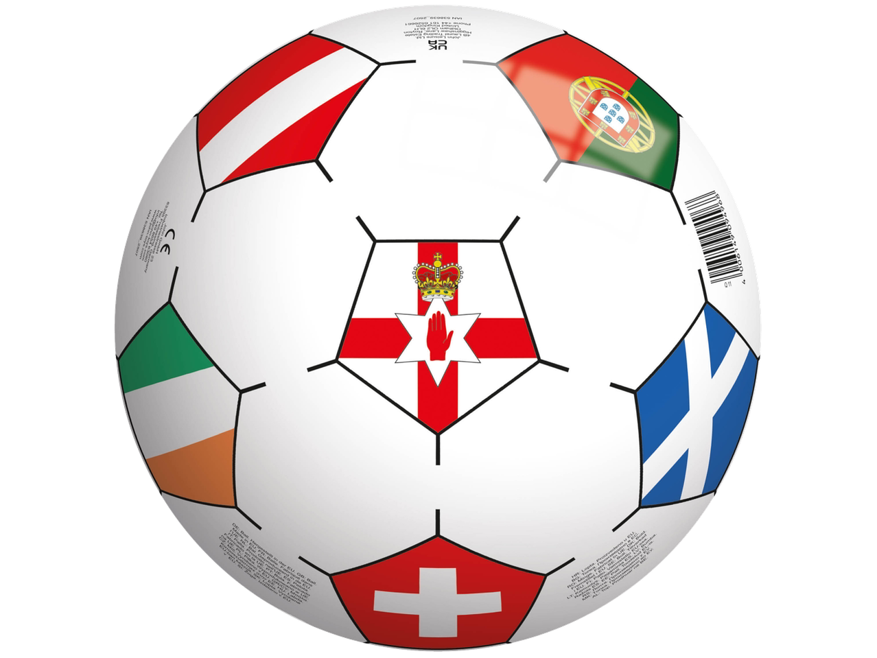 Bola de futebol JOHN com bandeiras da Irlanda do Norte, Áustria, Portugal, Irlanda, Escócia e Suíça.