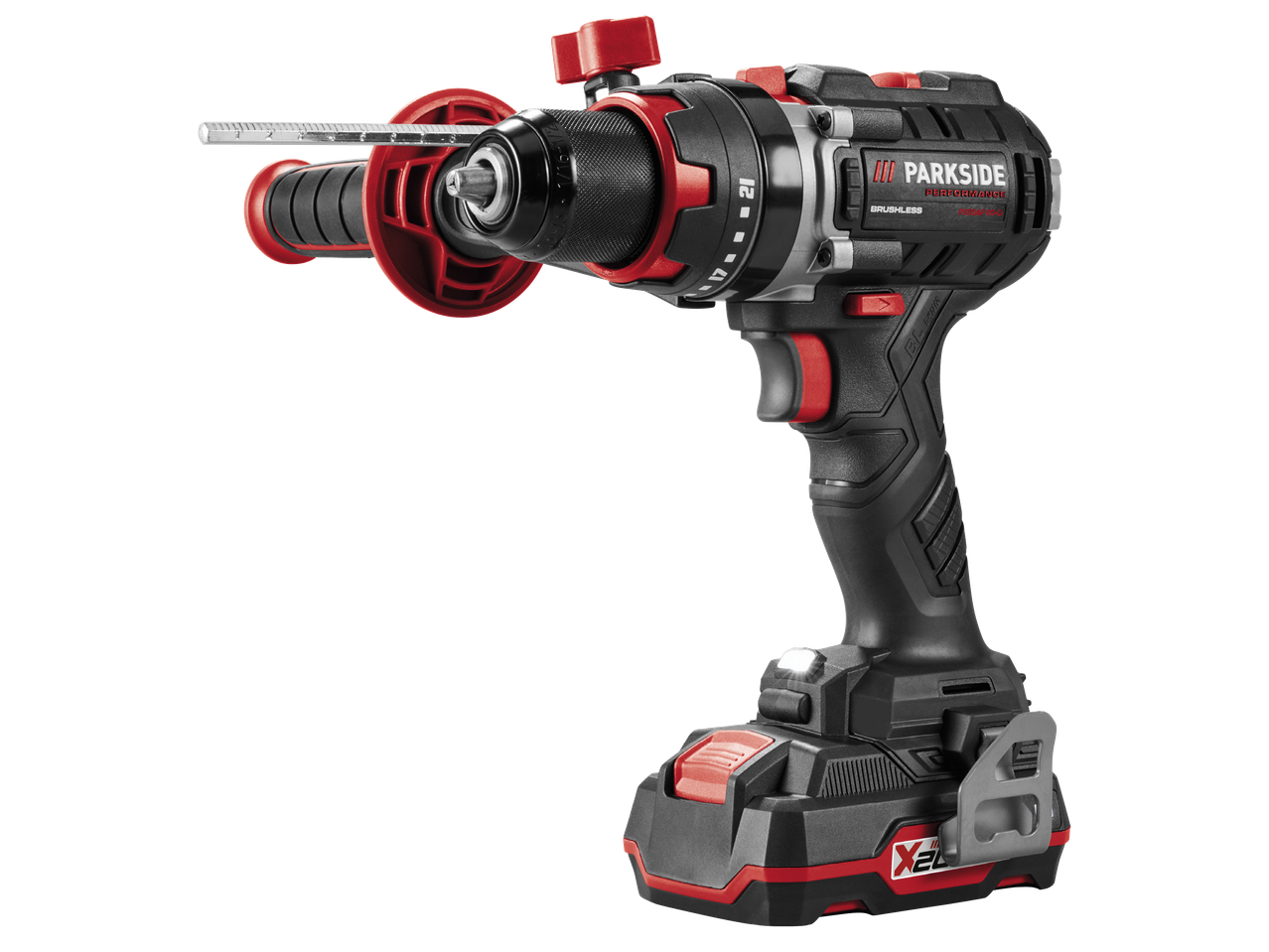 Акумулаторна ударна бормашина с допълнителна дръжка и батерия.