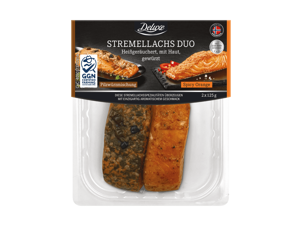 Geräucherter Lachs Duo mit Pilzwürzmischung und Spicy Orange, 2x125g, aus Norwegen.