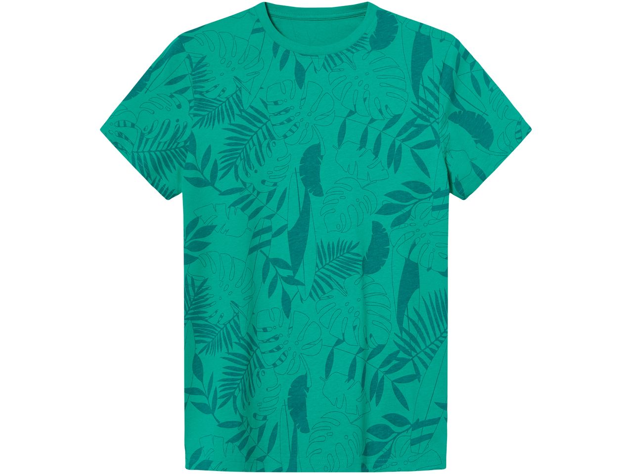 A green t-shirt with a dark green tropical leaf pattern.